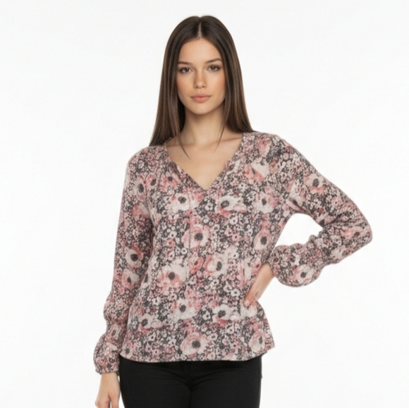 Lucky Brand Pink Floral Print Women's Top Blouse Bell Sleeve SIZE Medium - Picture 2 of 2